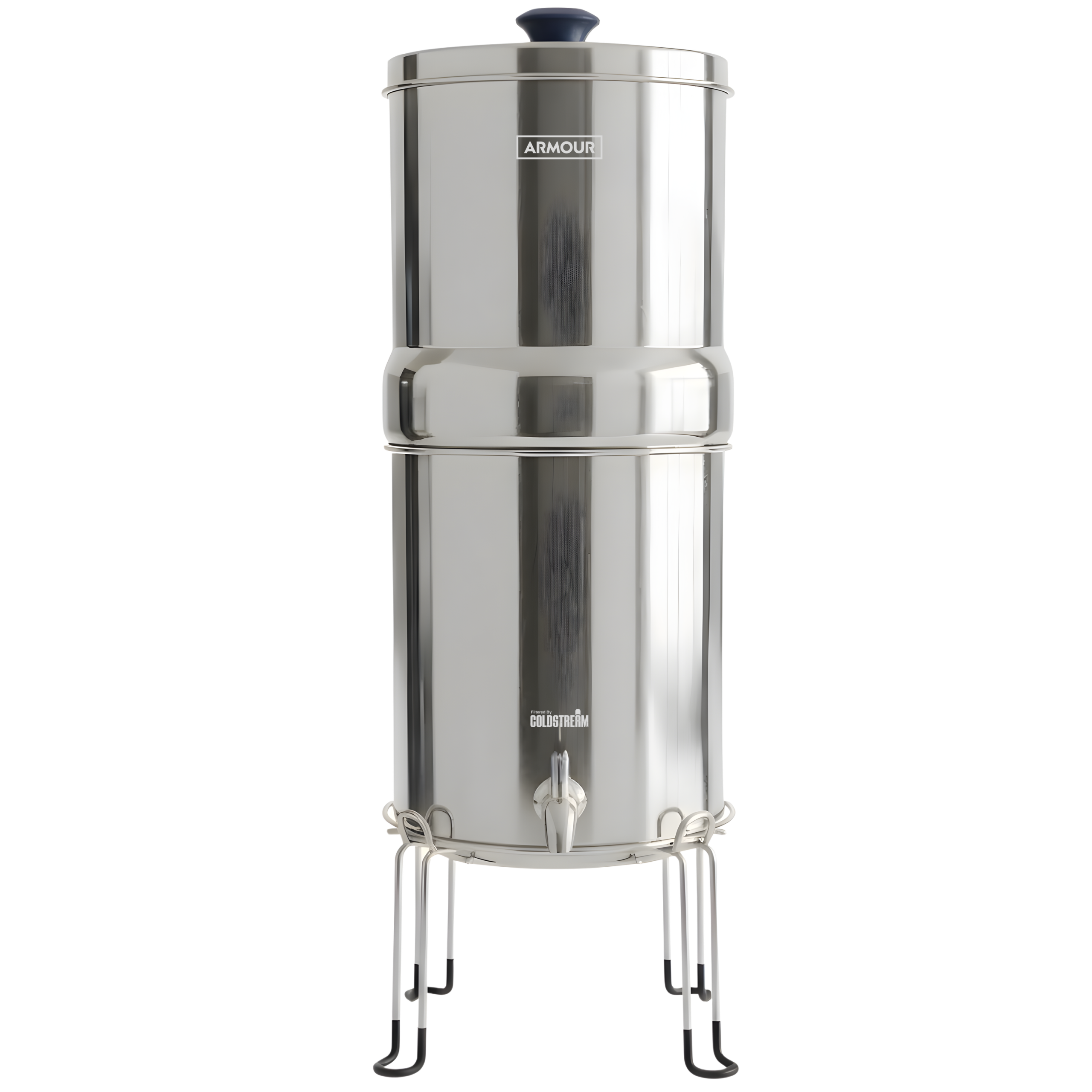 ARMOUR-System-Main - Business Connect World RSA Tall chrome appliance with a blue knob on top, Armour logo visible, on a metal stand.