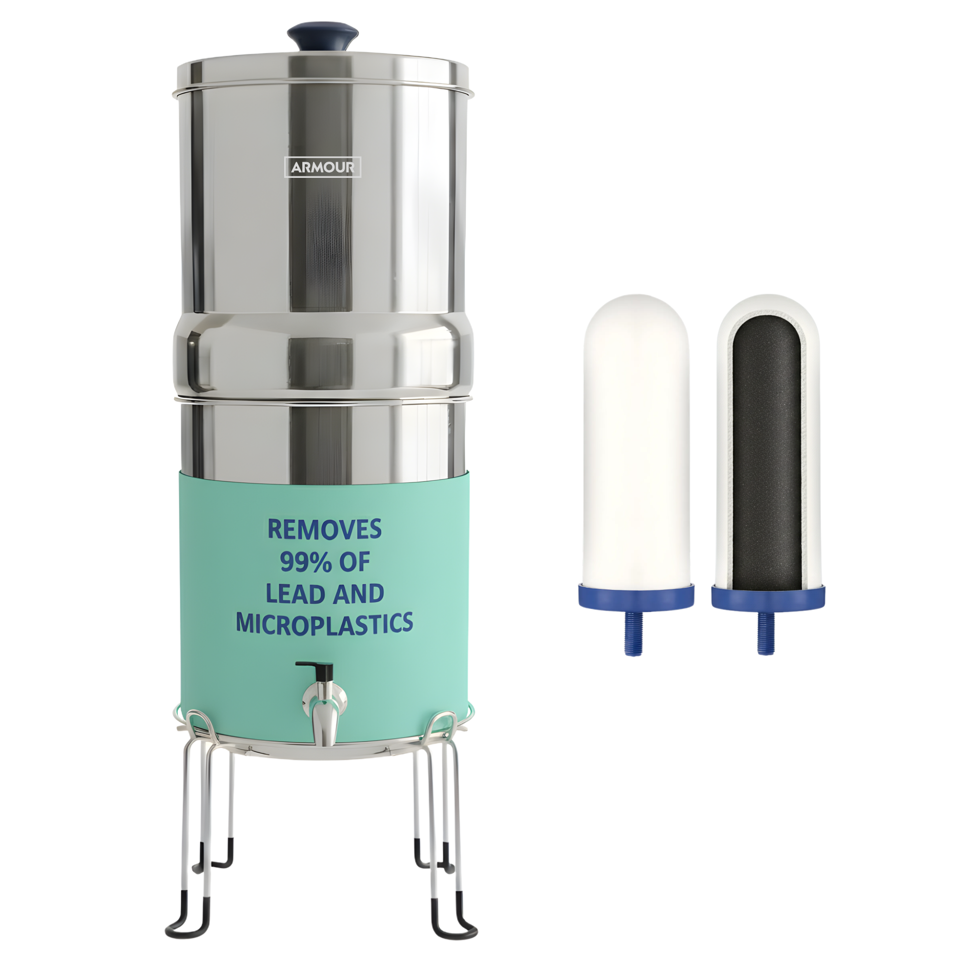 ARMOUR_ListingImage_1Alertnate - Business Connect World RSA Tall stainless steel water filter with a mint green label that reads 'REMOVES 99% OF LEAD AND MICROPLASTICS' and two cartridge parts nearby.