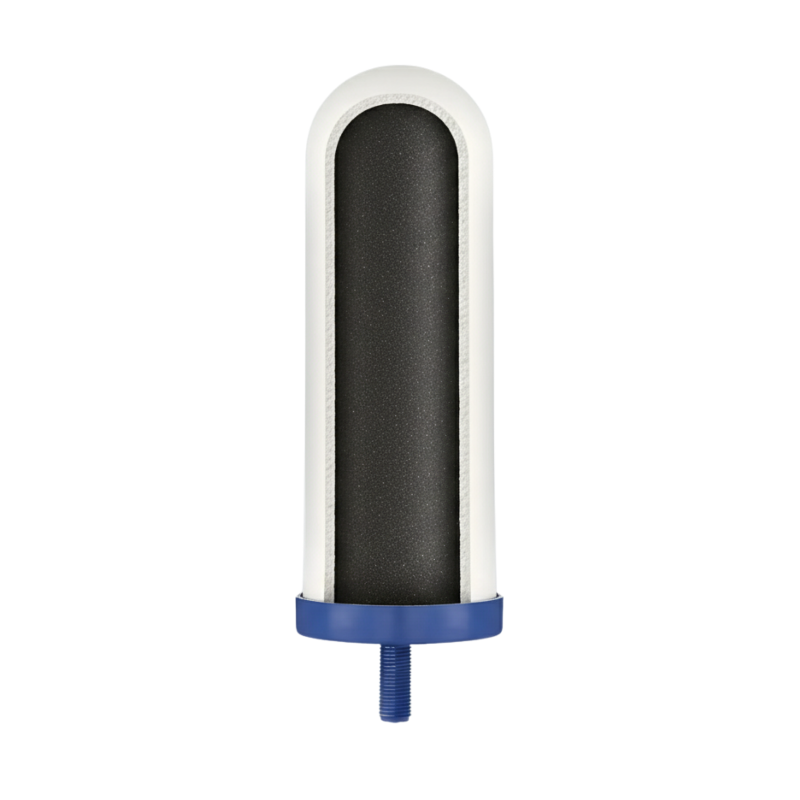 CARBONSHOWING - Business Connect World RSA Close-up of a vertical cylindrical device: white outer frame around a black textured inner tube, blue base with a threaded blue nozzle at the bottom.