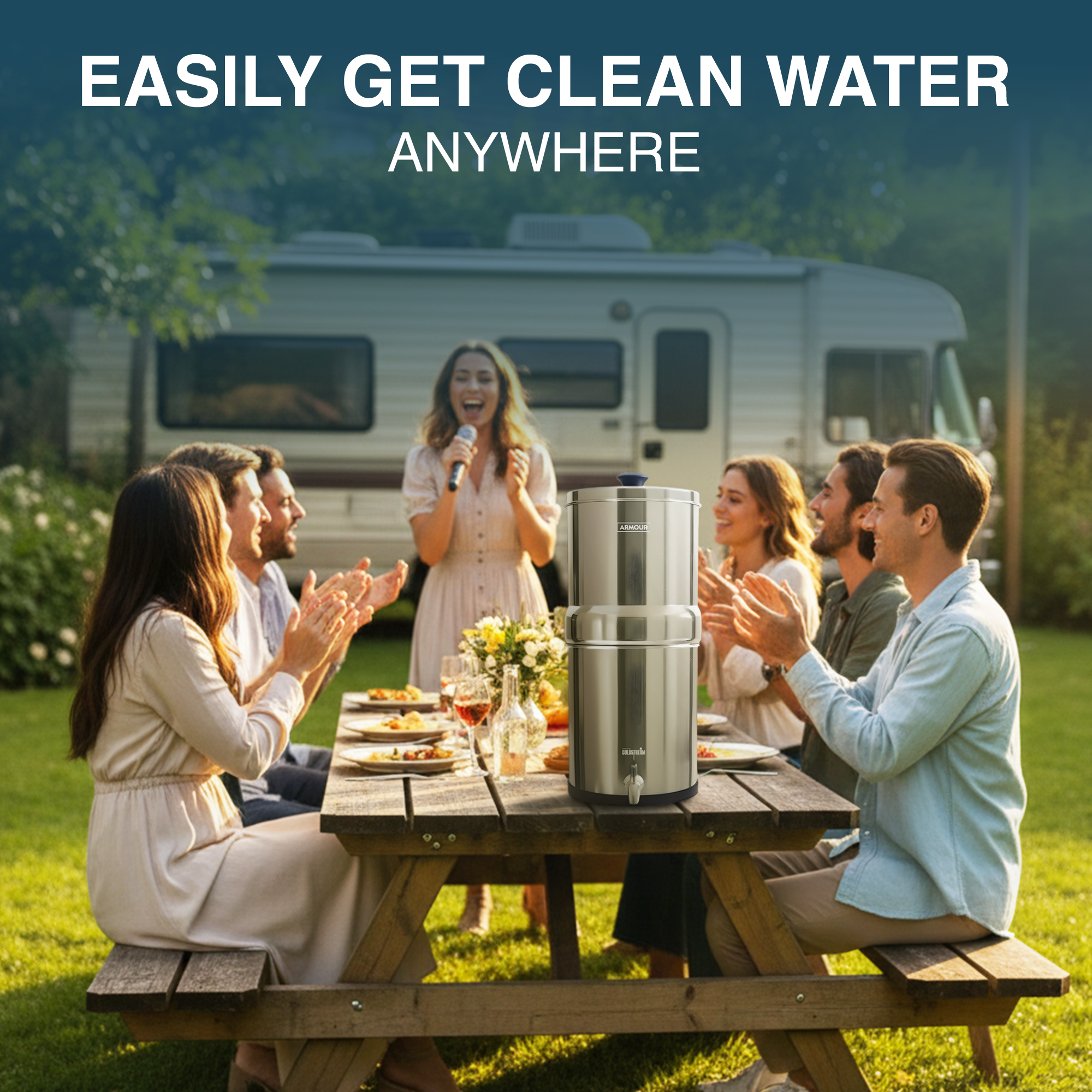 StainlessSteelHousing_ListingImage_5 - Business Connect World RSA Group of friends at a backyard picnic with a silver portable water filter on the table in the foreground, banner text reading 'Easily Get Clean Water Anywhere' above.