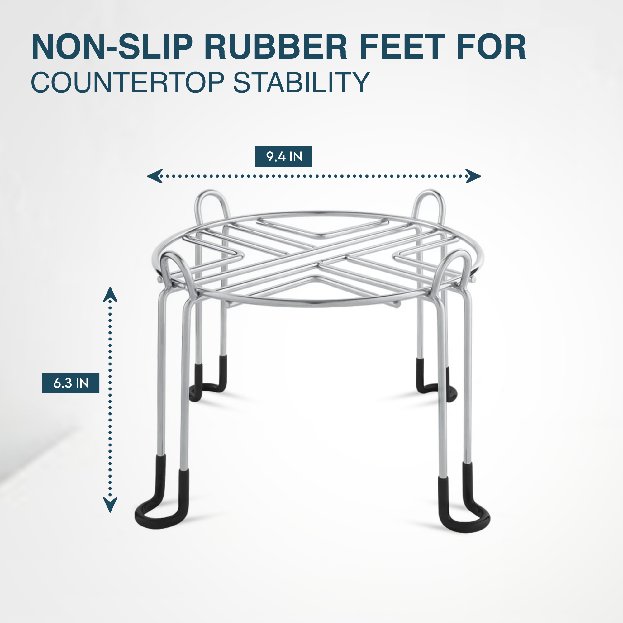 StandOnly_ListingImage_4 - Business Connect World RSA Metal wire rack with non-slip rubber feet on a counter, highlighted by dimension labels 9.4 in wide and 6.3 in tall for countertop stability.