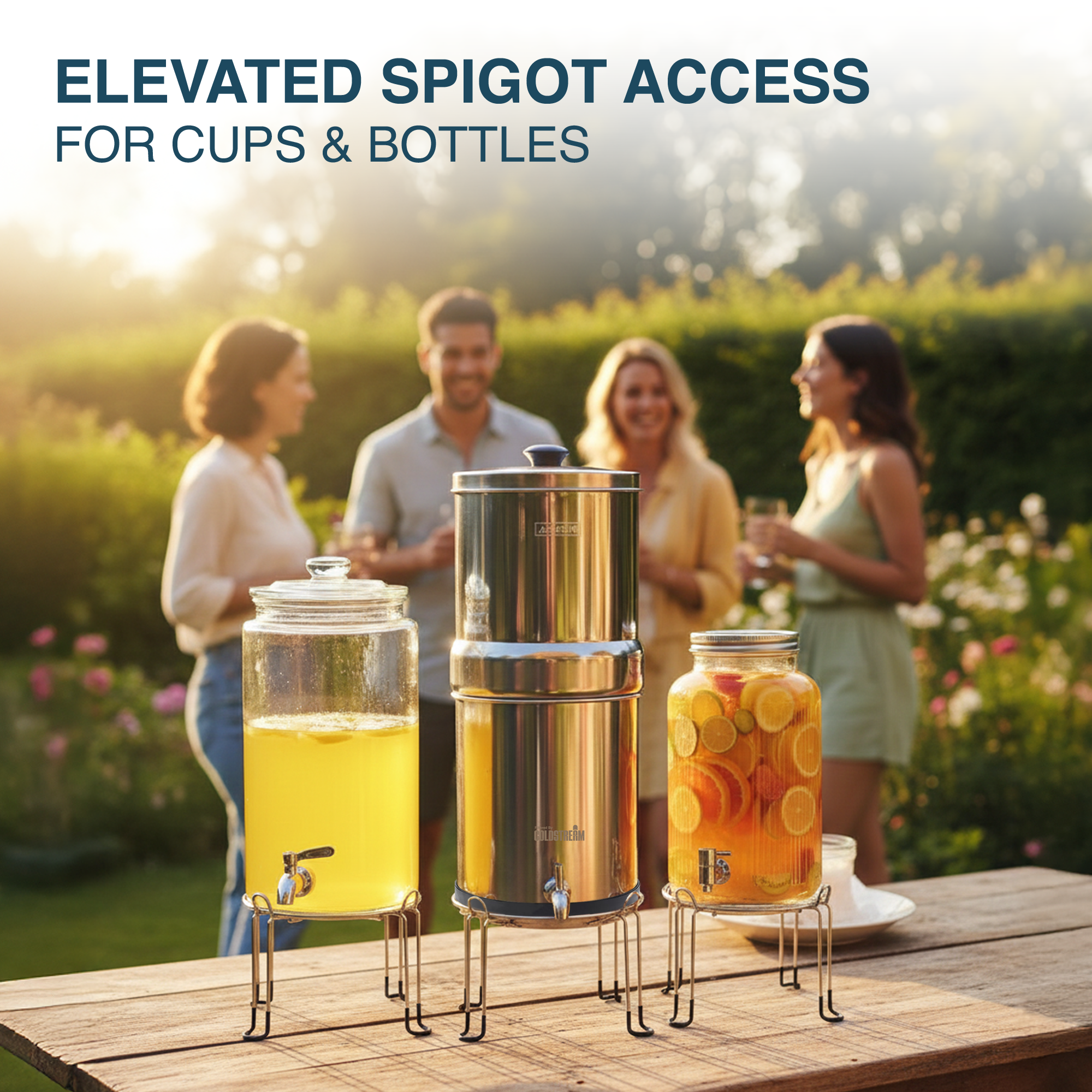 StandOnly_ListingImage_5 - Business Connect World RSA Outdoor patio scene with multiple beverage dispensers on a wooden table and people chatting in the background, emphasizing elevated spigot access for cups and bottles.